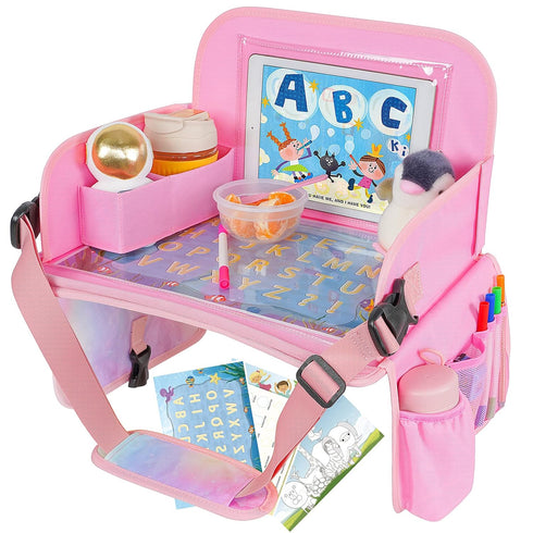 MENZOKE Kids Travel Tray, Car Seat Table Tray, Road Trip Essentials with Educational Drawing Board, Tablet Holder