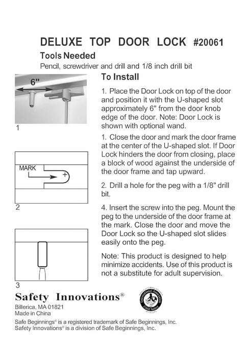 Safety Innovations Deluxe Child Proof Door Top Lock for 1 3/8 Inch Thick Interior Doors, (1-Pack)