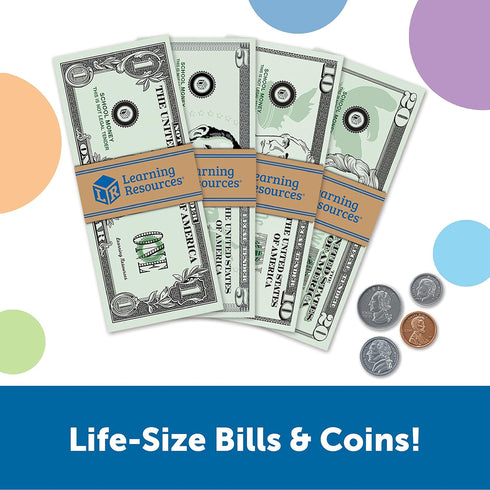 Set Learning Resources Pretend Play Money - Math Manipulatives For Kids, Kids Bank, Plastic Coins, Cash Register