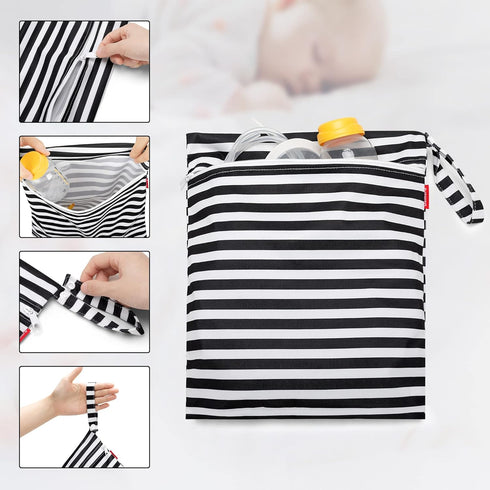 2Pack Damero Breast Pump Parts Bag, Wet Bag for Breast Pump Parts Storage with Waterproof Mat, Black Strips