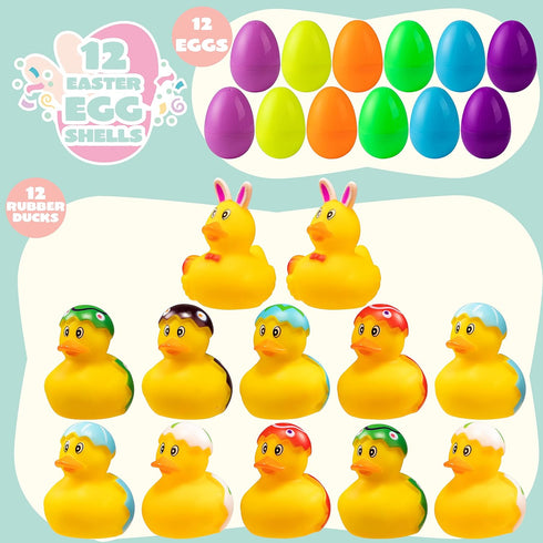 12 JOYIN Pcs Filled Easter Eggs with Rubber Duck and Rabbit Duckies, Bright Colorful Prefilled Easter Eggs for Kids Fun