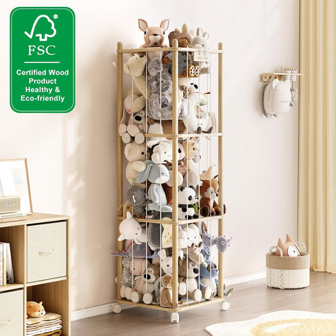 Stuffed Animal Storage,Wood Stuffed Animal Storage Zoo with Wheels,Vertical Stuffed Animal Holder with Thicker Elastic