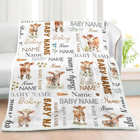 Novusopt Custom Blanket with Name Baby Sherpa Blanket Cow Personalized Baby Blankets for Boys Girls Unisex Sherpa