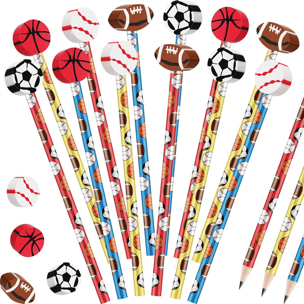 Chivao 12 Set Sports Pencils and Erasers, Baseball Soccer Football Basketball for School Sports Students