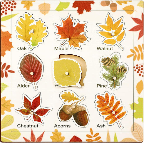 Leaf Wooden Jigsaw Puzzles with Knobs, Educational Learning Stem Toys, Thanksgiving Montessori Puzzle for Preschool