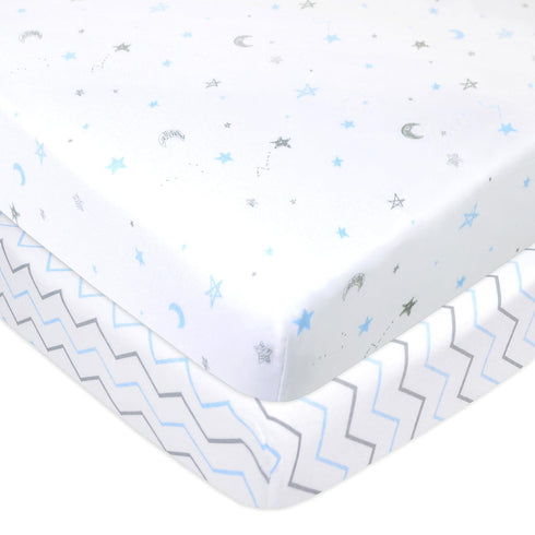 American Baby Company 2 Pack 100% Natural Cotton Fitted Mini Crib Sheets, 38" x 24", Blue Star/Zigzag