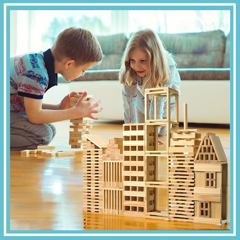 Set 200-Piece Wooden Building Blocks - Plank Block Construction Toys, STEM Educational Wood Toy for Kids and Toddlers