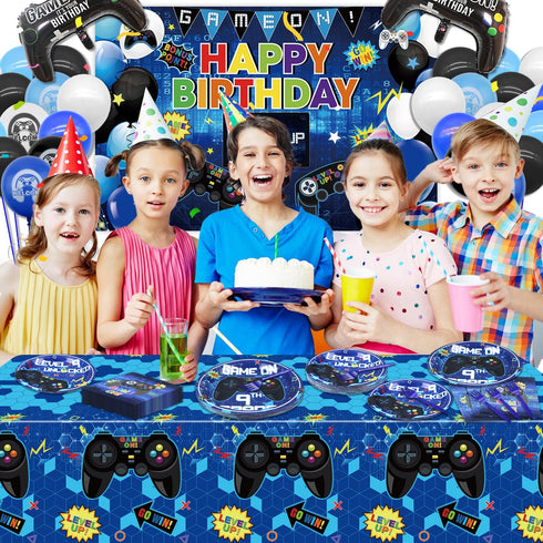 81 Pcs Video Game Birthday Decorations, 9th Gamer Party Supplies for Boys, Serves 20 with Plates Napkins Forks