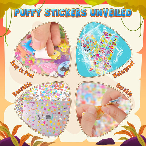 3200+ Stickers for Kids, 3D Puffy Stickers, 64 Different Sheets, Cute Animals for Boys Girls Teachers
