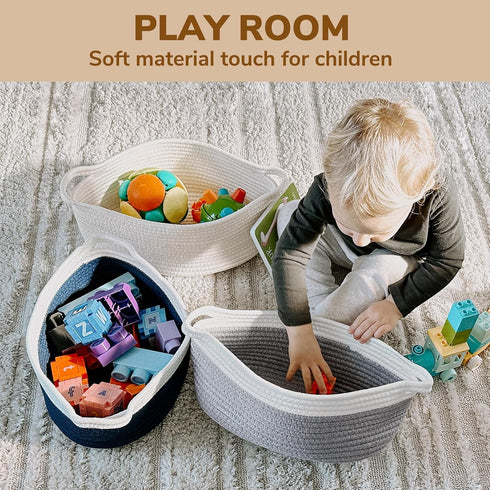 Goodpick Small Woven Storage Basket with Handles, Cotton Rope Baskets for Gifts, Dog Toys, Diapers, Gray, 12" x 8" x 5"