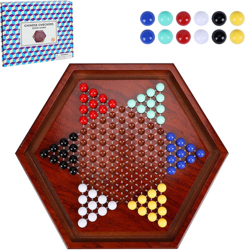 Offelec 14 inches Wooden Chinese Checkers Set, 60+12 Colorful Acrylic Marbles in