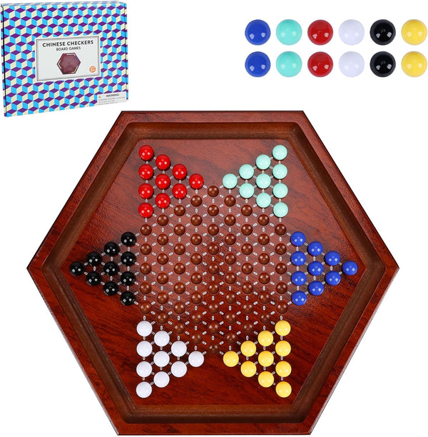 Offelec 14 inches Wooden Chinese Checkers Set, 60+12 Colorful Acrylic Marbles in