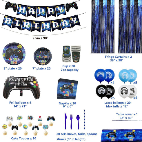 Video Game Party Supplies Set, Birthday Decoration for Boys, HAPPY BIRTHDAY Gamer Banner, Serves 20