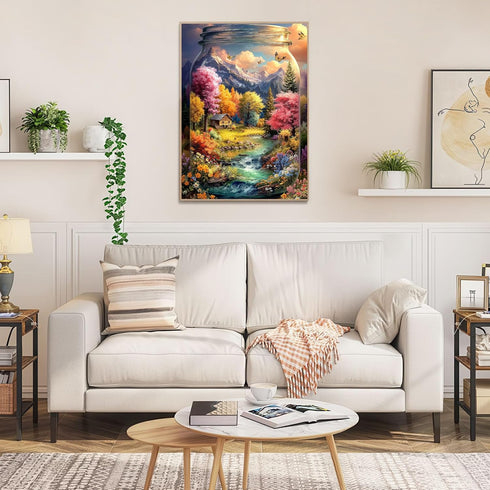 1000 1000 20 28 Inch Puzzles for Adults Pieces, World in a Jar Fall Landscape Jigsaw Puzzle with Cabin River Butterfly