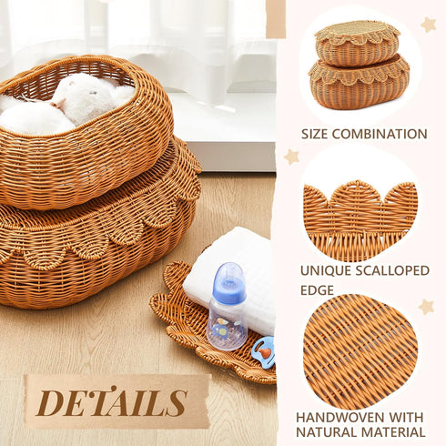 2 Juexica Pcs Scalloped Rattan Baskets, Woven Rattan Wicker Storage Baskets with Lid for Nursery Storage Diaper