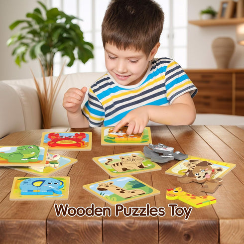 FunMission 8Pcs 3+ Puzzles, Animals Pegged Puzzles Toddler Toys, Brain Teaser Puzzles Montessori, Wooden Games