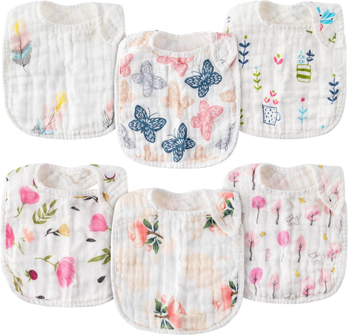 Zainpe 6Pcs Snap Muslin Cotton Baby Bibs Infants Feeding Bib Adjustable Soft Drool Bibs for Toddlers Girl Boy