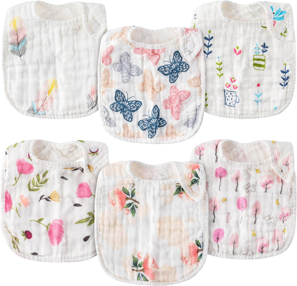 Zainpe 6Pcs Snap Muslin Cotton Baby Bibs Infants Feeding Bib Adjustable Soft Drool Bibs for Toddlers Girl Boy