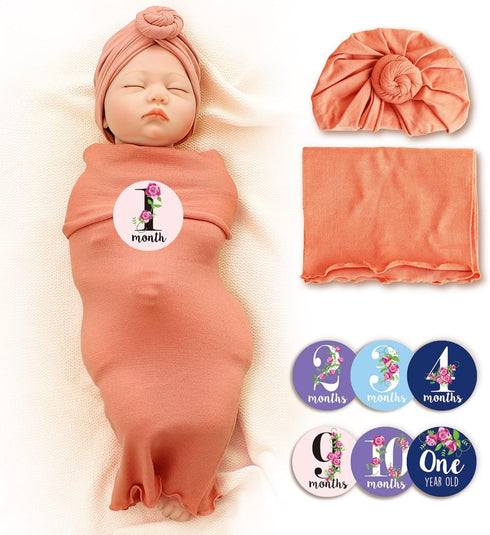 Trilly Baby Swaddle Blanket Set with Turban - Coral Pink, 12 Milestone Stickers