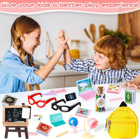 FFNIU 30Pcs Backpack Set Mini School Supplies, Doll School Supplies Includes Mini Doll Laptops Glasses Blackboard Book