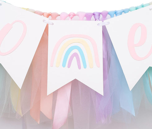 LINLULU 1st Pastel Rainbow High Chair Banner - Tulle & Ribbon Highchair Banner for Birthday Girl, Rainbow Decorations