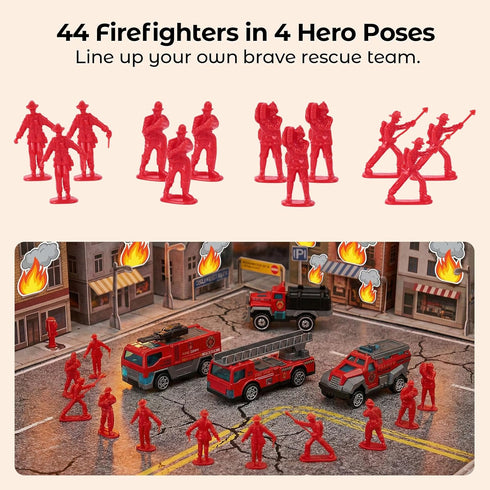 50PCS Set, 6PCS 44PCS 3 LovesTown Fire Truck Toy Die-cast Small Rescue Emergency Vehicles Red Fire Trucks Firemen Toy