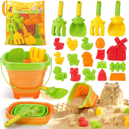 Dreamon Beach Toys for Kids 29PCS Farm Sand Toys with 2 Collapsible
