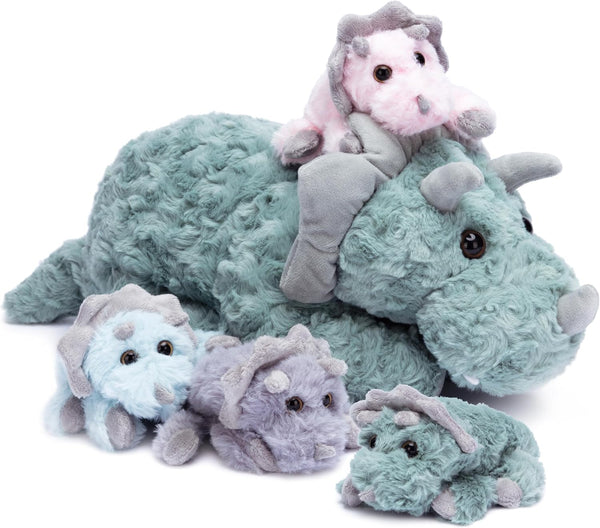 IKASA Triceratops Dinosaur Stuffed Animal Mom and Baby Plush Toy, Cute 18" Huggable Family Set for Kids