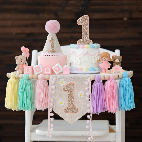 JUIIZAY Baby First Birthday Party Decorations Macaron High Chair Banner Daisy1st Crown
