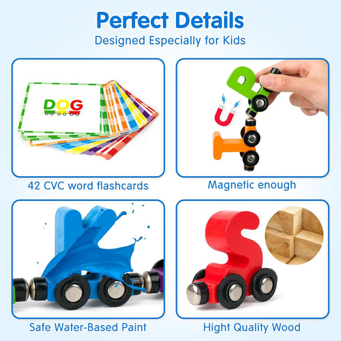Helsort 27 Set, 42 1 3-7 PCS Magnetic Wooden Alphabet Train ABC Learning Toy with Flash Cards, Engine and Storage Bag