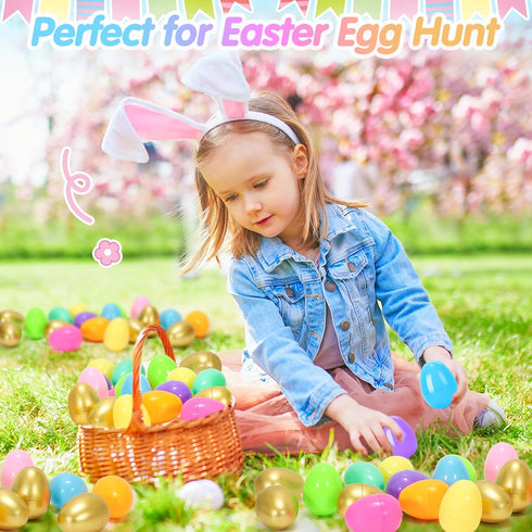 100Pcs 2.4" SevenQ Plastic Easter Eggs Fillable, Empty Colorful and Golden Eggs for Easter Basket Stuffers Gifts
