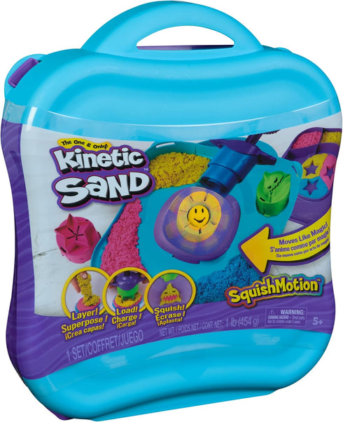Kinetic Sand SquishMotion Playset with 1lb Pink, Yellow, Blue Play Sand, 5 Tools, Storage Case, Sensory Toys