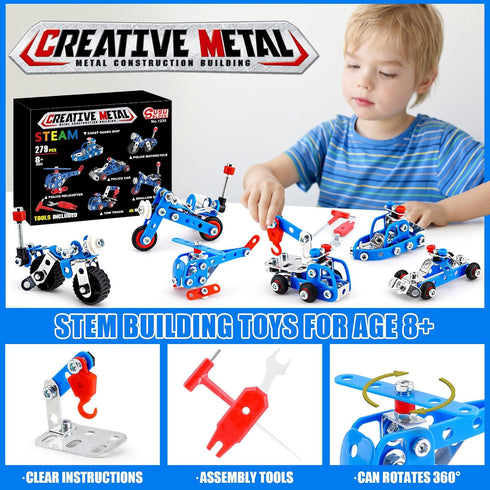 Stem Building Toys for Boys Age 8-12 - Police Toys 6 Mini Metal Model Set, Educational Gifts for Kids 8-12 Years Old