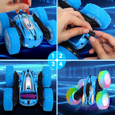 FunsLane 2 Pack 2.4GHz 4WD 360 Remote Control Car Toys for Kids, RC Stunt Cars with Wheel Lights, Drift High Speed Off