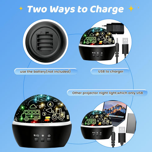 Kids,2 1 Theme,2 MINGKIDS Night Light for in Rotating Projector Lamp with Dino&Vehicles Ways to Charge,Baby Night Light