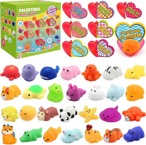 SURCVIO 28 Pack Valentines Day Gifts for Kids, Animal Mochi Squishies Filled
