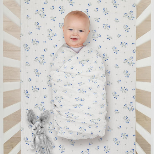 Baby Muslin Swaddle Blanket, Floral Baby Boy & Girl Swaddle Blankets, Neutral Muslin (BLUE CLOVER)