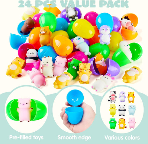 24 JOYIN Pcs Easter Prefilled Eggs with Mochi Squishy Toys, Lovely Animal Stress Reliever Squishy Toy for Easter Theme