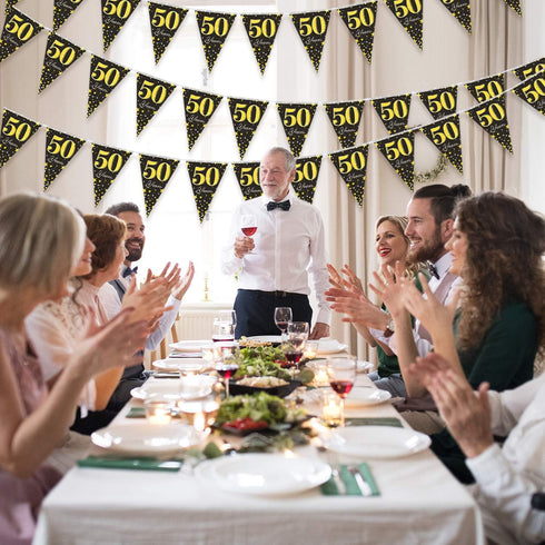 Blulu 5 Pack 50th Birthday Party Pennant Banner - Black Golden 50 Years Triangle Flag Party Accessory