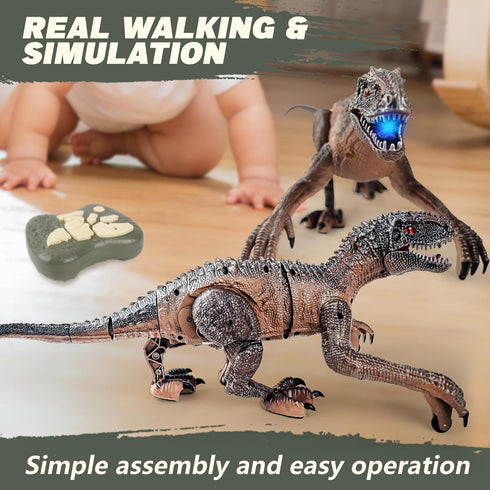 Dinosaur Toys for Kids - 2.4G Remote Control Velociraptor with 3D Eye, Shaking Head, LED Light & Roaring Sounds for 6+