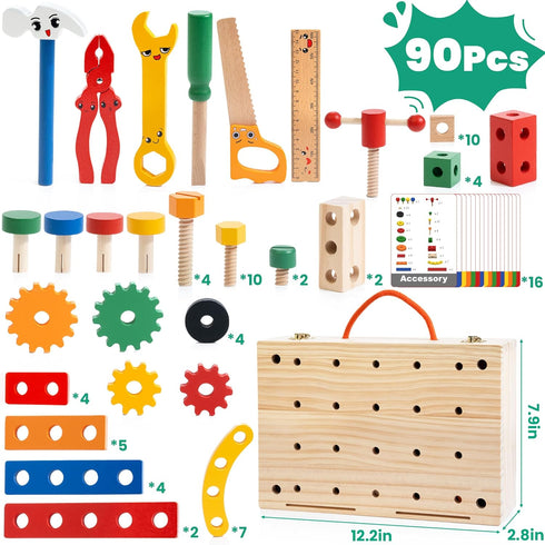 Set, 90 Set 3-5 WOOOMAM Kids Tool PCS Wooden Toddler Tool with Box and Flash Cards, Tool Kit for Kids Age Years