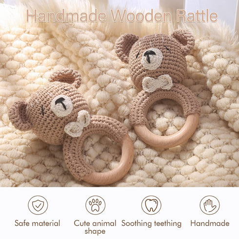 Wooden Baby Rattle Toddler Lovely Crochet Kahki Bear Ring Rattle, Newborn Animal Rattle Toys for Soothing