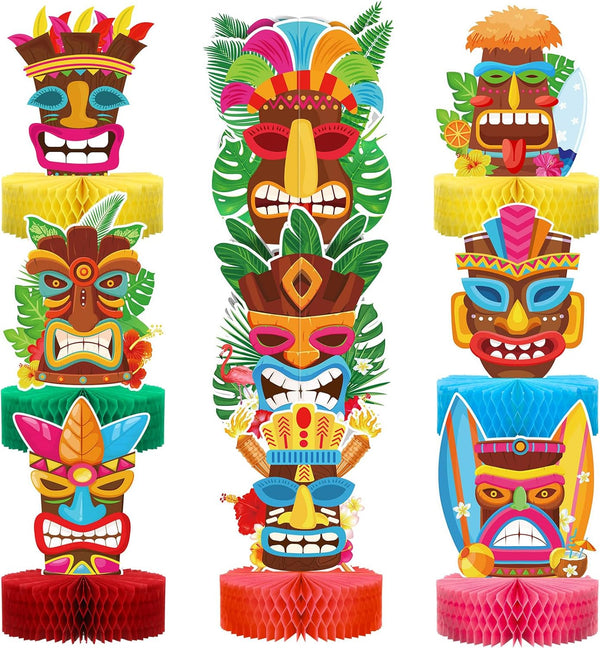 Geyee 9 Pcs Hawaiian Luau Honeycomb Centerpiece Tiki Tropical Table Toppers Party