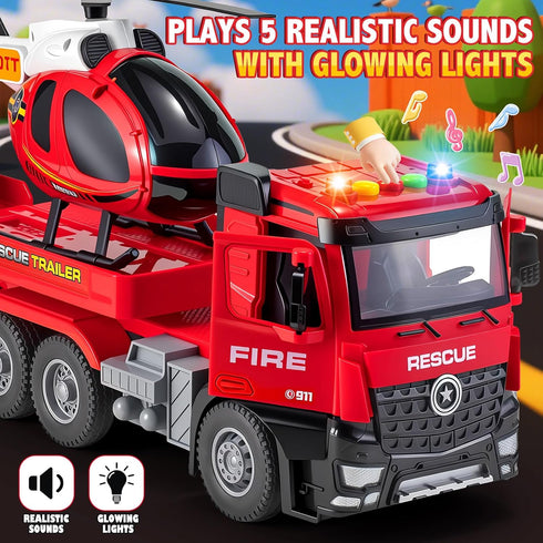 3 4 5 6 22" Fire Truck Toys for Toddler Boy Year Old, Carrier Truck Toy with Racing Car and Helicopter, Big Firetruck