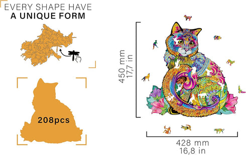 Wooden Jigsaw Puzzle - Cat Animal-Shaped Fantasy Puzzle, 208 Unique Pieces, Size King (17.7" x 16.9")