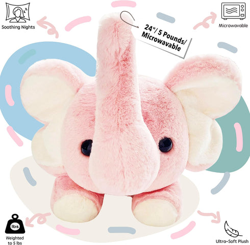uoozii 24" 5 | Pounds Pink Elephant Weighted Stuffed Animals with Unscented Microwavable Heating Pad, Cute Coolable