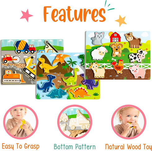 Large 3 Pk Wooden Toddler Puzzles Ages 2-4 | Montessori Learning Toys for 2+ Year Olds