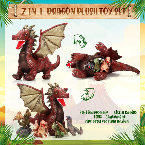 Deekin 7 Pcs Dragon Toy Set, 16 Inch Large Dragon Stuffed Animal with 4 Cute Baby Plush Dragons and 2 Eggs