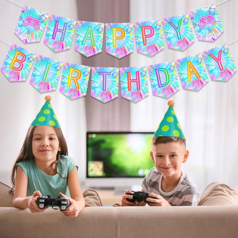Video Game Birthday Decorations Banner: Tie Dye Neon Happy Birthday Banner for Gamer Theme Party