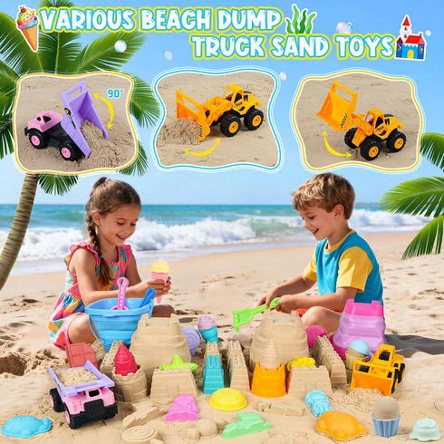 EULRGAUS 36 Beach Toys, PCS Sand Toys with Construction Vehicles, Collapsible Bucket, Princess & Prince and Ice Cream